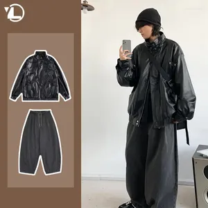 Erkek Trailsits Street Motosiklet Erkekler Set Unisex Vintage Pilot Suit Hip Hop Gevşek Deri Ceket Japonca Yıkanmış Düz kot pantolon