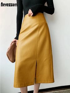 Nerazzurri Midi skirts below knee Yellow black soft leather skirt women zipper Long straight skirts for women high waist 240115