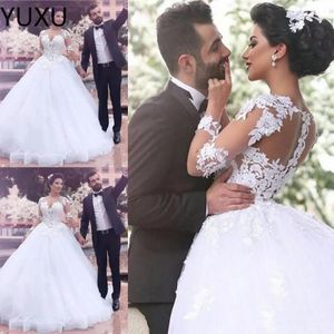 Dresses Vintage Long Sleeve Lace Ball Gown Wedding Dresses Dubai Arabic Sheer Neck Backless Appliques Sequins Bridal Gowns Luxury Robe de