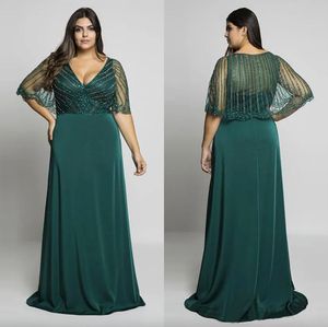 2024 Hunter Green Perlen Plus Size Prom-Kleider V-Ausschnitt Abendkleider mit Wrap A-Line bodenlange lange formelle Kleid