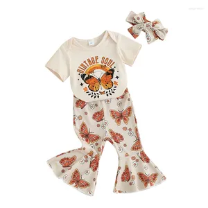 Giyim setleri bebek kız bebek yaz kıyafeti kelebek vintage ruh kısa kollu romper parlama pantolonları kafa bandı sevimli doğmuş kıyafetler