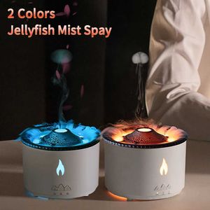 Humidifiers Volcanic Jellyfish Aroma Diffuser Fire Flame Humidifier Essential Oils Smoking Mist Maker Electric Smell for Home Red Blue LampL240115