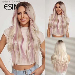 Synthetic Wigs ESIN Synthetic Hair Long Water Wave Ombre Dark Root to Blonde Mixed Pink Middle Part Wigs for Women Natural Party Heat Resistant Q240115
