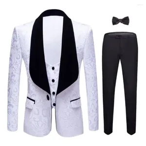 Ternos masculinos masculinos, slim fit, 3 peças, padrão branco, preto, xale, lapela, fantasia, noivo, smoking, casamento, blazer, calças, colete