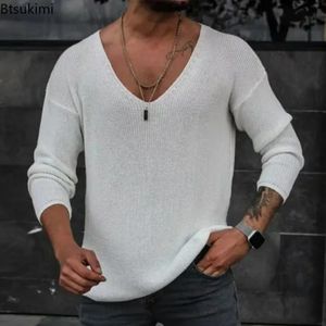 Mens Casual Long Sleeve Sticked Sweaters Tops Solid Fashion Pullover For Men Harajuku Vneck Streetwear Jumper 240113