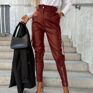 Damenhosen Frauen Glattes Kunstleder Reißverschluss Dekor Slim Fit Hohe Taille Knopfverschluss Multi Taschen Einfarbig Bleistift Lo