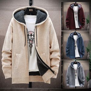 Męski Zimowy Sweter Drukuj Koreańskie ubrania modowe Dzianinowe odzież Cardigan Cardigan Hood z pluszem i zagęszczonym polarem 240113