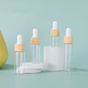 E-Flüssigkeitsflasche, 5 ml, 10 ml, 15 ml, 20 ml, klare Tropfflaschen für ätherische Öle mit Kunststoff-Holzmaserungsring