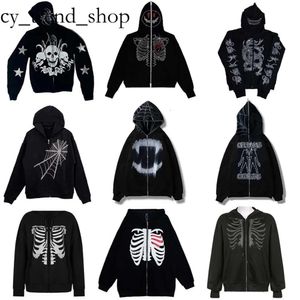 Mens Sp5der Hoodies Sweatshirts Rhinestones Spider Web Skeleton Print Black Y2k Goth Longsleeve Full Zip Oversized Jacket American Fashion Essentialshoodie 95 47