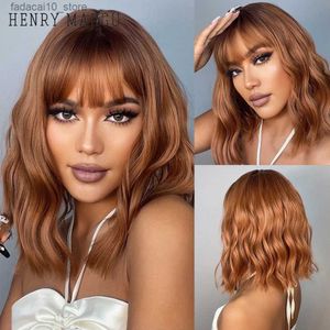 Perucas sintéticas HENRY MARGU Vermelho por Gengibre Perucas Sintéticas com Franja Onda de Água Média Natural Bob Perucas de Cabelo Diárias para Mulheres Resistentes ao Calor Q240115