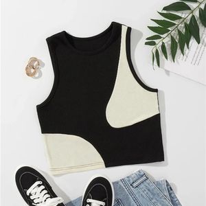 Women's Colorful Ribbed Knitted Tank Top Y2K Summer Casual O-Neck Sleeveless Patch Work Crop Top T-shirt 240115