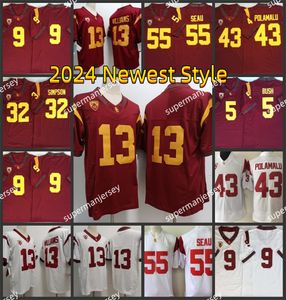 13 Caleb Williams USC College Football Jersey 42 Ronnie Lott Branco 32 OJ Simpson Vermelho 55 Junior Seau 5 Reggie Bush Mens Jersey AAA