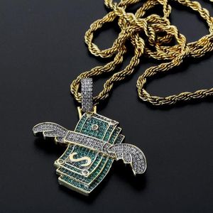 Ny Iced Out Necklace Flying Cash Solid Pendant Halsband Mens Personlig Hip Hop Gold Silver Color Charm Kedjor Kvinnor smycken G273U