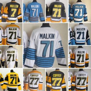 カスタムメンズ女性青少年ピッツバーグ 'ペンギンズ'ホッケージャージー刺繍71 Evgeni Malkin 77 Paul Coffey 7 Joe Mullen Vintage Jerseys白いブラックイエローブルー