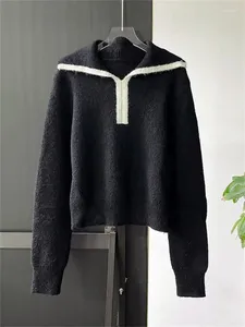 Kvinnors tröjor Kontrast Färg Black Sweater Turn-Down Collar Lose Wool Lads Long Sleeve Pullover 2024 Spring