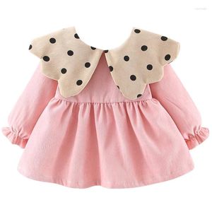 Flicka klänningar vår hösten baby prinsessan klänning koreansk söt dot docka krage bomull långärmad födelsedag barn födda kläder bc835