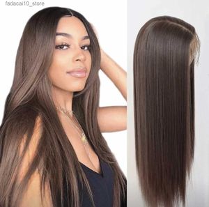 Sentetik peruklar meinmod kahverengi sentetik dantel ön peruk gerçekçi görünümlü uzun düz dantel ön peruk kadınlar için günlük kullanım perukları q240115