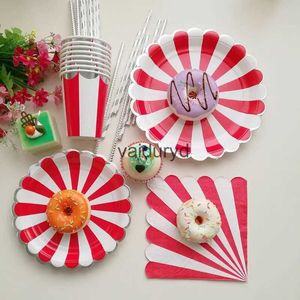 Disposable Dinnerware Red White Silver Striped Disposable Tableware Set Circus Birthday Party Decor Plates Cup Tablecloth Napkin Knives Forks Suppliesvaiduryd