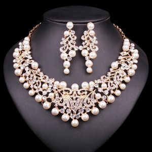 Necklaces Gold Color Imitation Pearl Wedding Necklace Earrings Sets African Beads Bridal Jewelry Sets Party Costume Accessories for Women