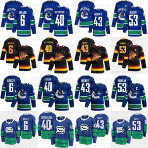 Benutzerdefinierte Hockey-Trikots für Männer und Frauen, junge Vancouver Canucks-Trikots, 40 Elias Pettersson, 6 Boeser, 53 Bo Horvat, 43 Quinn Hughes, 10 Pavel Bure