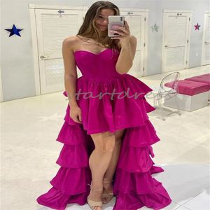 Sexy Boho Hi-Low-Abschlussballkleid mit abgestuften Rüschen, heißes Rosa und Schwarz, Abendkleid, Urlaub, Schatz, elegantes formelles Kleid, edle Robe De Mariee, weiblich, 2024, Vestios De Fiesta