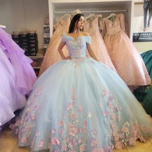 드레스 2023 분홍색 레이스 아플리케와 함께 Quinceanera 드레스 긴 슬리브 구슬 볼 가운 어깨 15 년 스위트 16 파티