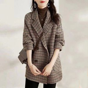 Woolen Coat Vintage Houndstooth Blazer Women Fall Fashion Korean Slim Plaid Suit Löst lyxdesign Double Breasted Jacket 240115