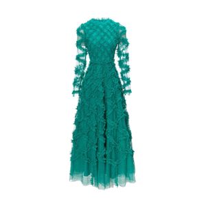 2024 Весеннее зеленое сплошное платье со вставками с длинным рукавом и круглым вырезом из тюля Длинные повседневные платья макси A4J121440