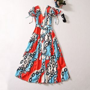 2024 Spring Multicolor Contrast Color Dress Short Sleeve V-Neck Midi Casual Dresses A4J121440