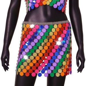 2024 Fashion Rainbow Sequins Dress Beads Beads Backless Crops و Side Slit Mini Skirt Party Club Festival Outfit