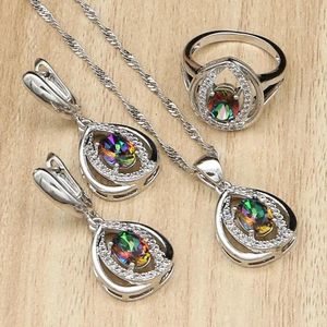 Halsketten Sier Jewelry Mystic Rainbow Fire Stones White Cz Schmucksets für Frauen Hochzeit Halskette/Ohrringe/Anhänger/Ring 3 Stück