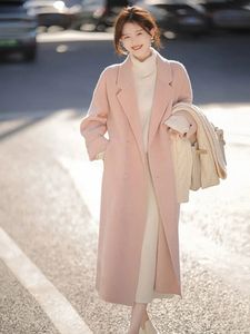 Female Lead High-end Double-sided Cashmere Women's Pink Wool Coat Korean Version Loose Medium Length Hepburn Style Wool Coat 240115