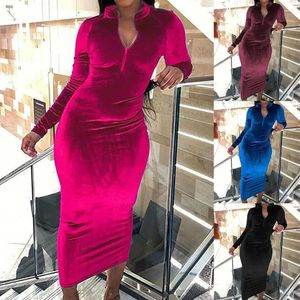 Kvinnor Solid Color Zipper Dress Autumn Winter Long Sleeve BodyCon Midi Party Elegant Ladies Slim Vestidos Robes 240115