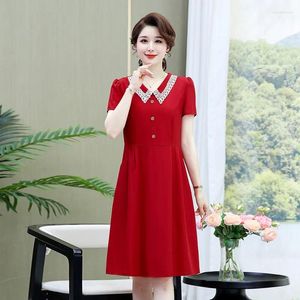 Festklänningar sommarklänning avslappnad kort ärm Lacy Lapel Neck Solid Color Elegant Women Clothing