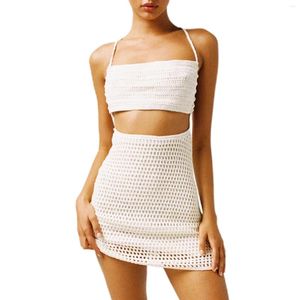 Freizeitkleider Damen Einfarbig Häkelstrickkleid Ausgehöhlt Ärmellos Spagetti-Träger Miniausschnitt Sommer Beachwear Y2K Streetwear