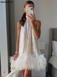 Hängande nacke sequined klänning för kvinnor mode ärmlös mini glittrande hem smal temperament nattklänningar vestidos 240115