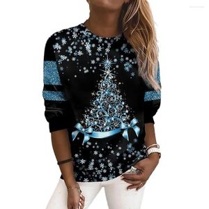 Damenblusen Weihnachten Frauen Top Drucken Glänzende Pailletten Rundhals Langarm T-Shirt Lose Jahr Party