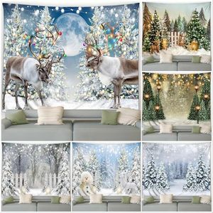 Reindeer Christmas Tapestry Xmas Trees Winter Forest Cedar Snowman Elk Landscape Year Holiday Wall Hanging Home Room Decor 240115