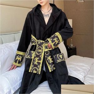 Men'S Sleepwear Mens Sleepwear Luxury Winter Black Gold Paisley Veet Robe Men Long Nightgown Hooded Warm Bath Clothing Drop Delivery Dhtmo