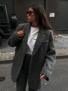 Loose Grey Woolen Pocket Womens Jacket Fashion V Neck Long Sleeve Blazer Coat Kvinna Autumn Winter Chic Office Lady Streetwear 240115