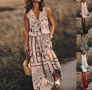 Print Long Dress European and American Style Spring Summer New Sleeveless Shoulder Strap Long Dress Zipper Waist Design Vintage Letter Print