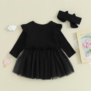 Mädchen Kleider Geborenes Baby Einfarbig Strampler Kleid Langarm Gerippter Tüll Overall Mit Stirnband Herbst Winter Kleidung