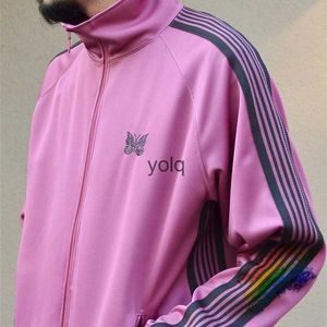 Men's Jackets Pink Stripe Needles Jacket Men Women 1 1 Top Quality Butterfly Embroidery Coatsyolq