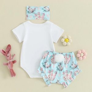 Zestawy odzieży Baby Girls 3pcs Strój wielkanocny urodzony w krótkim rękawie Romper Ruffle Ruffle Shorts Opaska na głowę Ubrania niemowląt