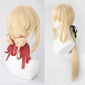 Violet Evergarden Ponytail Braid Bulls Blonde hårvärmebeständig cosplaydräkt peruk Cap Ribbon Y0903322F