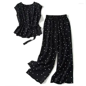 Casual Dresses Women's Suit 2024 Vintage Chiffon Lace Up ärmlös topp polka dot hög midja breda benbyxor klänning