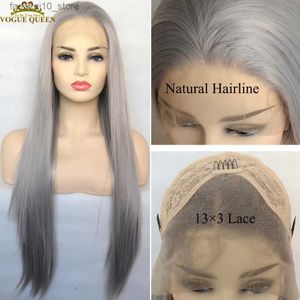 Syntetiska peruker Vogue Queen Sliver Gray Syntetisk 133 Spetsfront Wig Long Silkesy Straight Hair Heat Motent Fiber Daglig slitage för kvinnor Q240115