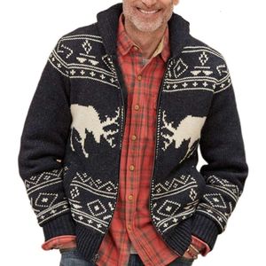 New Men's Autumn And Winter Black Deer Jacquard Sweater With Zipper Long Sleeved Knitted Jacket For Men