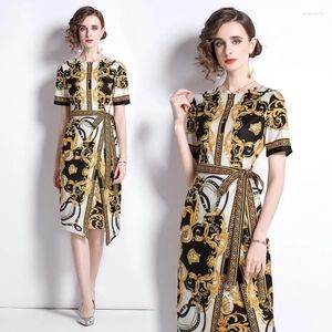 Party Dresses Class High Golden Color Flower Printed Office Lady For Summer Temperament O-neck Single Breasted Bandage Corest Vestidos