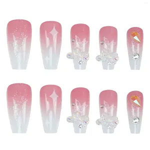 Unhas falsas blush rosa bowknot decoração unha estrela impressão elegante cor combinando artificial com pulseira e colares